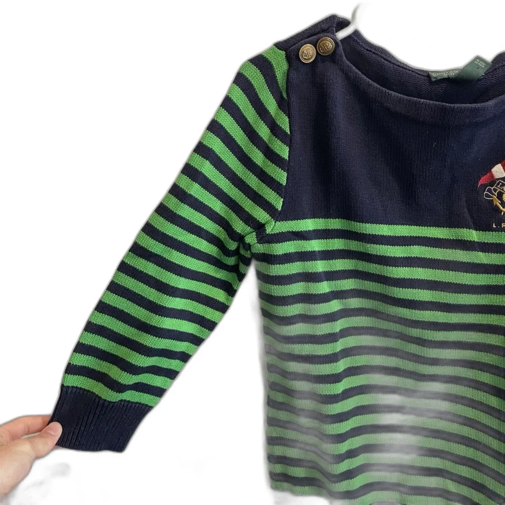 Vtg Ralph Lauren Nautical Green Sweater L Blue Stripe Embroider Preppy Fisherman - Picture 2 of 9